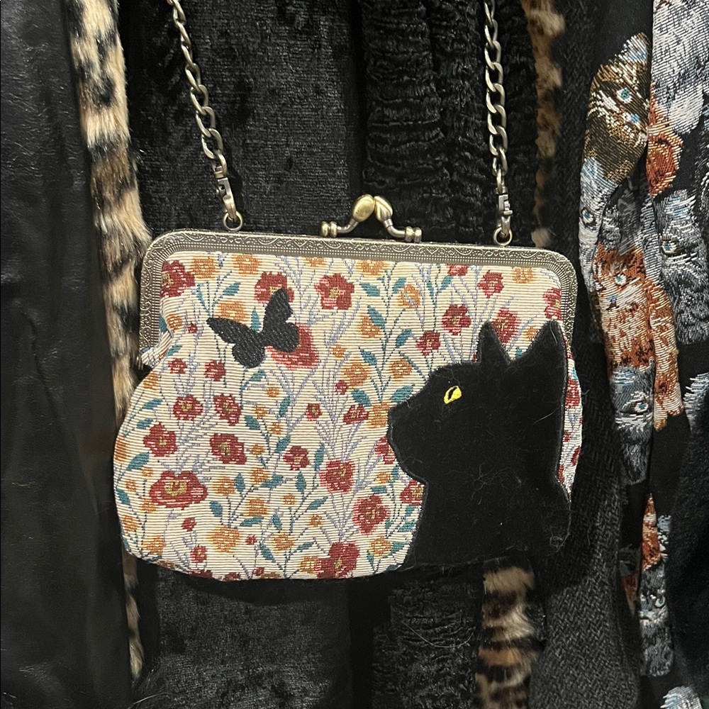 Dolls Kill Tapestry Clutch with Black Cat and Floral Design